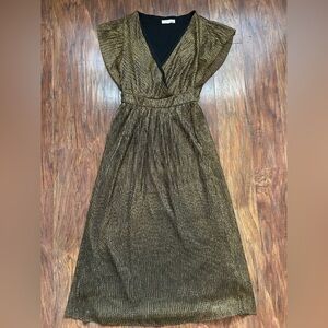 Black and Gold Midi Dress with Accordion Details Size Small Metallic Party